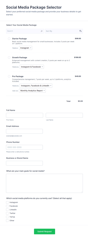 Social Media Package Selector Form Template