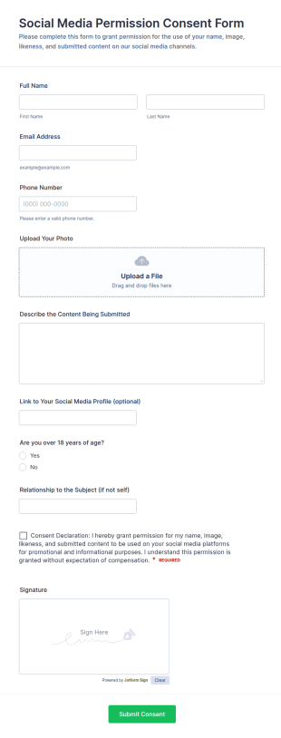 Social Media Permission Consent Form Template