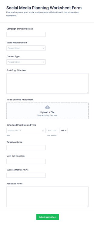 Social Media Planning Worksheet Form Template