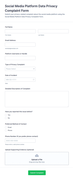 Social Media Platform Data Privacy Complaint Form Template