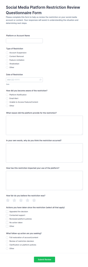 Social Media Platform Restriction Review Questionnaire Form Template