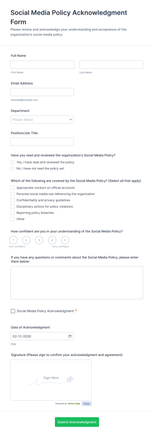Social Media Policy Acknowledgment Form Template