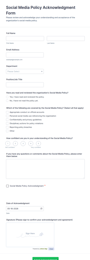 Social Media Policy Acknowledgment Form Template