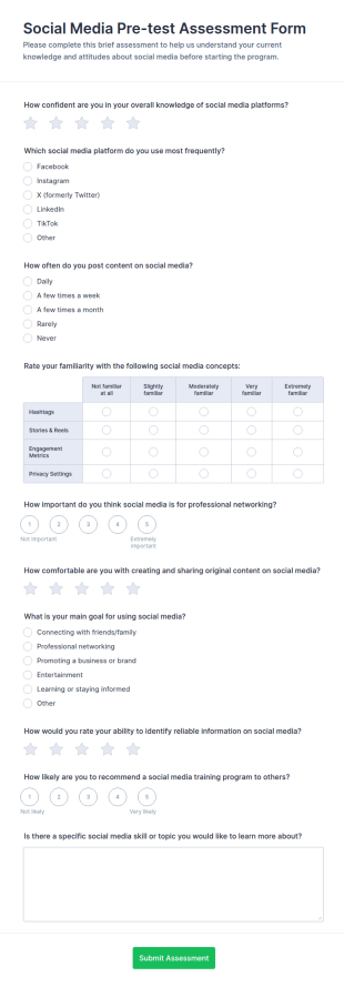 Social Media Pre Test Assessment Form Template