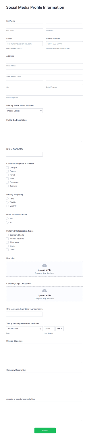 Social Media Profile Information Form Template