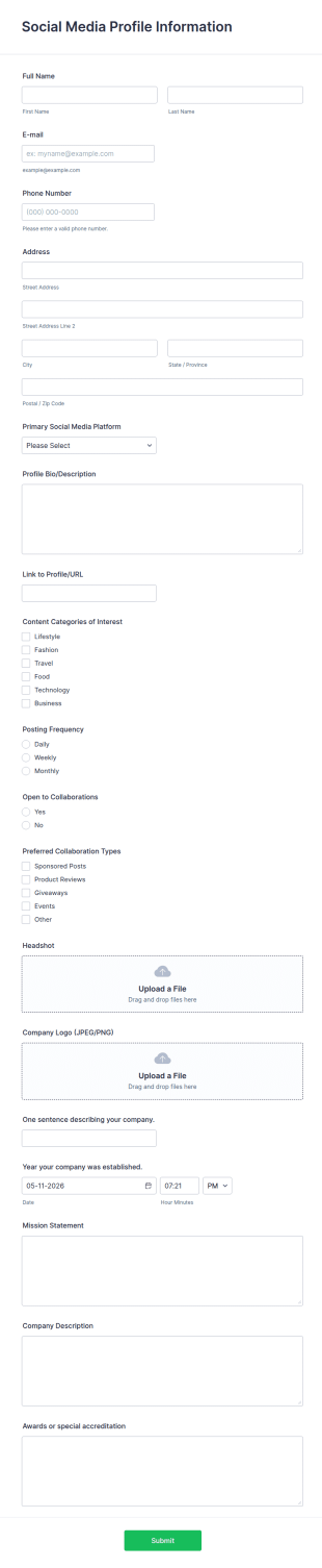 Social Media Profile Information Form Template