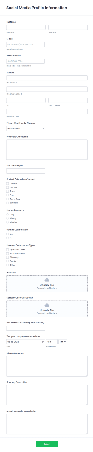 Social Media Profile Information Form Template