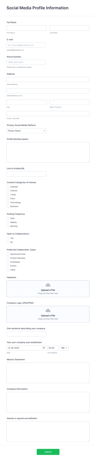 Social Media Profile Information Form Template