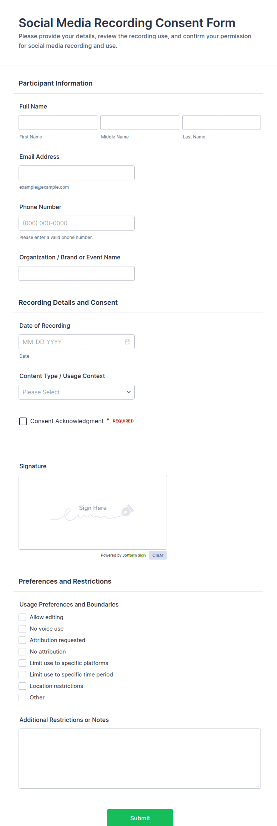Social Media Recording Consent Form Template | Jotform