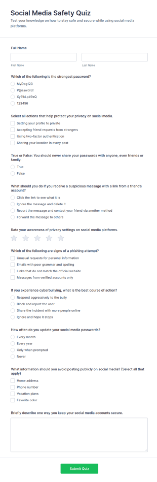 Social Media Safety Quiz Form Template