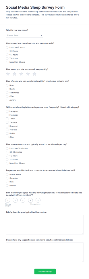 Social Media Sleep Survey Form Template