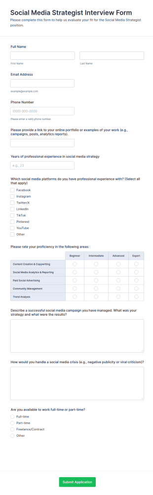 Social Media Strategist Interview Form Template