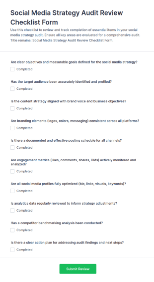 Social Media Strategy Audit Review Checklist Form Template