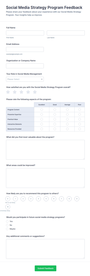 Social Media Strategy Program Feedback Form Template