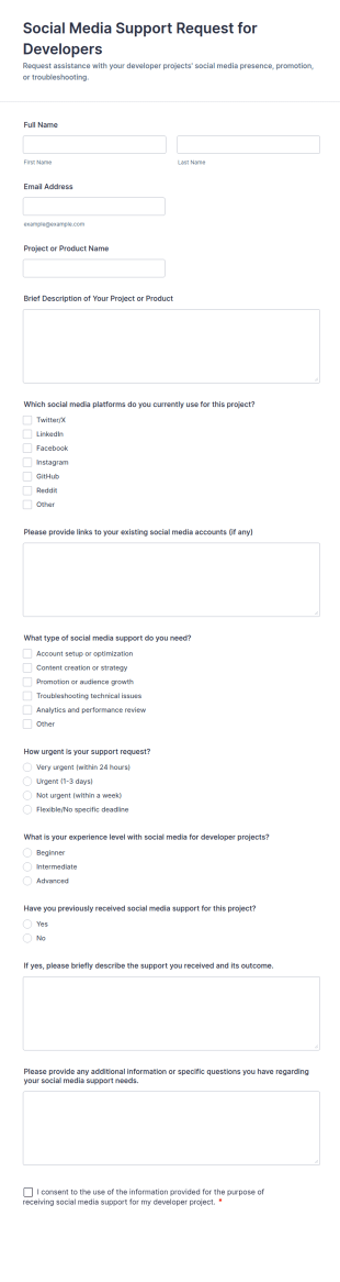 Social Media Support Request For Developers Form Template