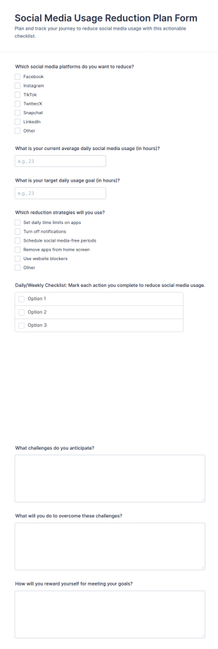 Social Media Usage Reduction Plan Checklist Form Template