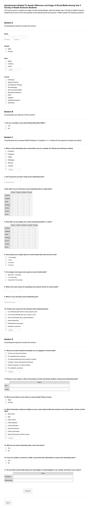 Social Media Usage Survey Form Template