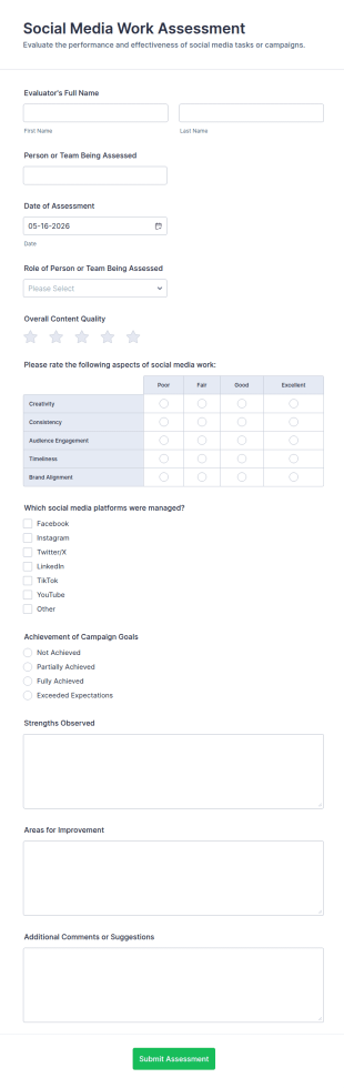 Social Media Work Assessment Form Template