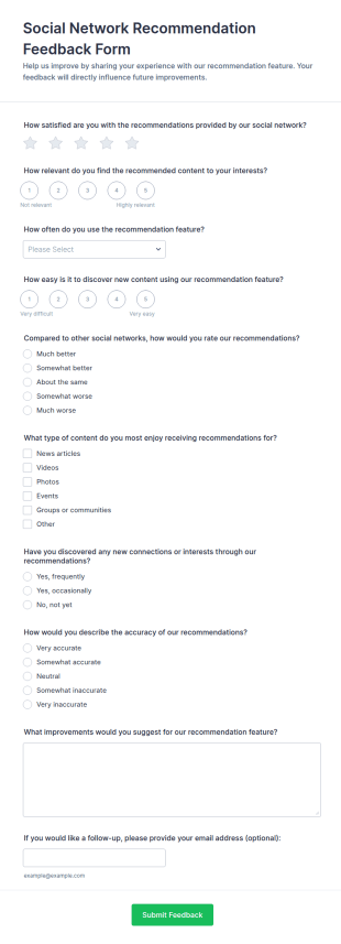 Social Network Recommendation Feedback Form Template