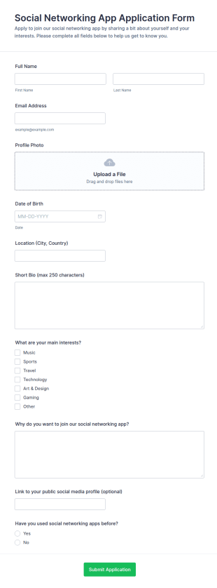 Social Networking App Application Form Template