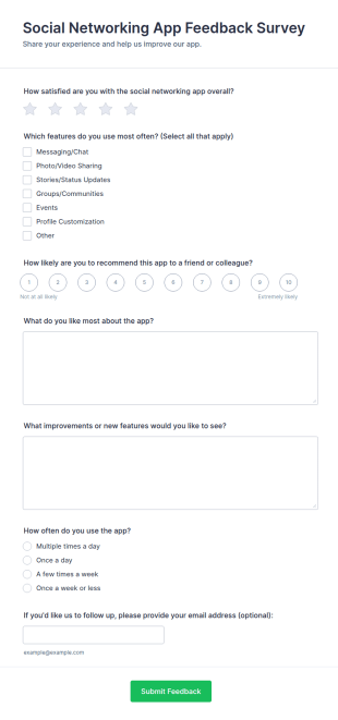 Social Networking App Feedback Survey Form Template