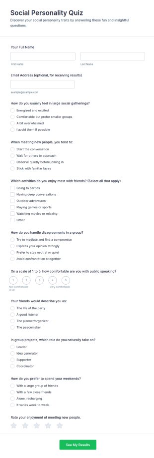 Social Personality Quiz Form Template