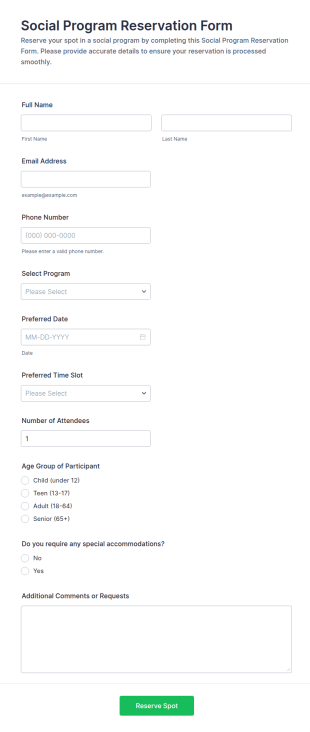 Social Program Reservation Form Template