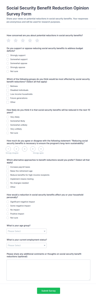Social Security Benefit Reduction Opinion Survey Form Template