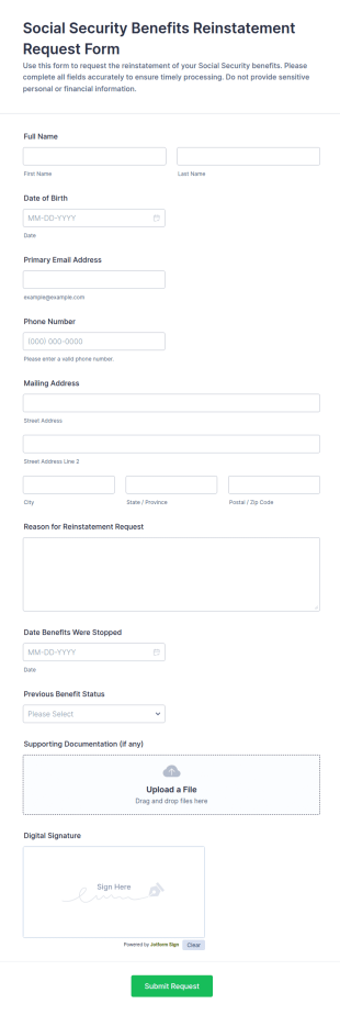 Social Security Benefits Reinstatement Request Form Template