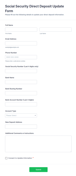 Social Security Direct Deposit Update Form Template