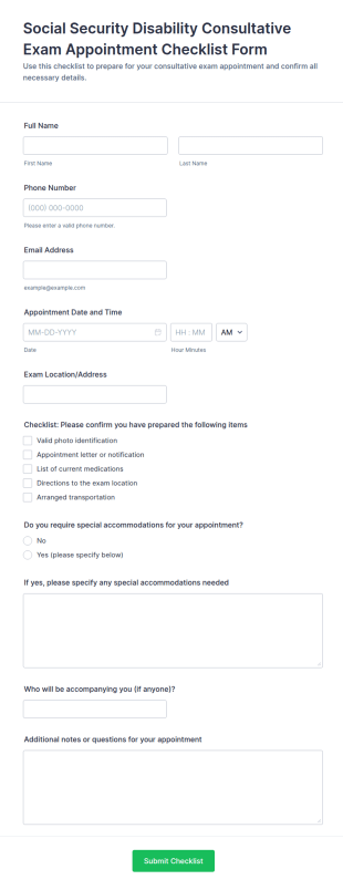 Social Security Disability Consultative Exam Appointment Checklist Form Template
