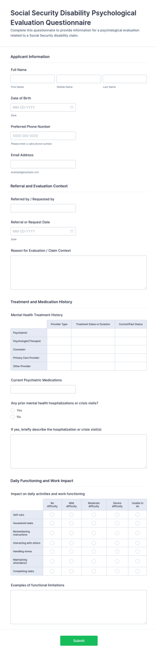 Social Security Disability Psychological Evaluation Questionnaire Form Template