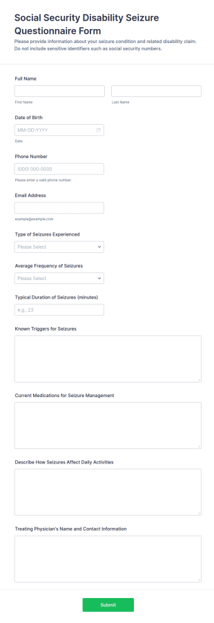 Social Security Disability Seizure Questionnaire Form Template