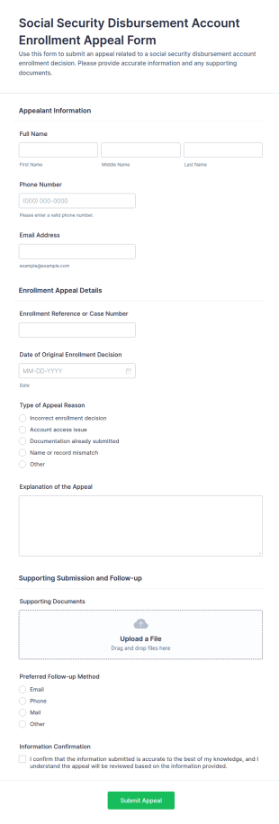 Social Security Disbursement Account Enrollment Appeal Form Template