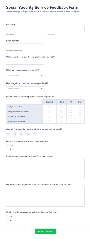 Social Security Service Feedback Form Template