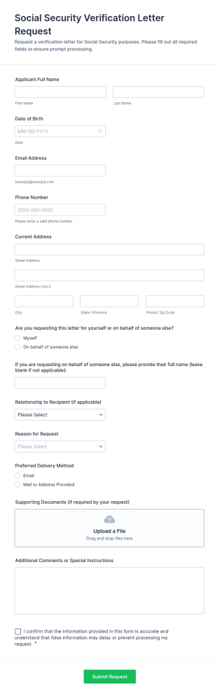 Social Security Verification Letter Request Form Template