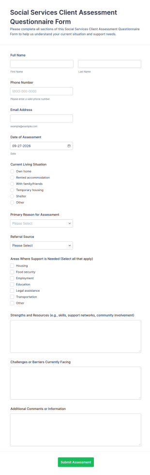 Social Services Client Assessment Questionnaire Form Template