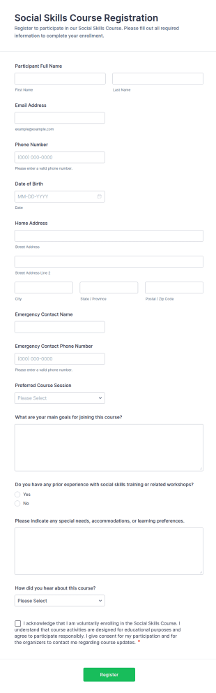 Social Skills Course Registration Form Template