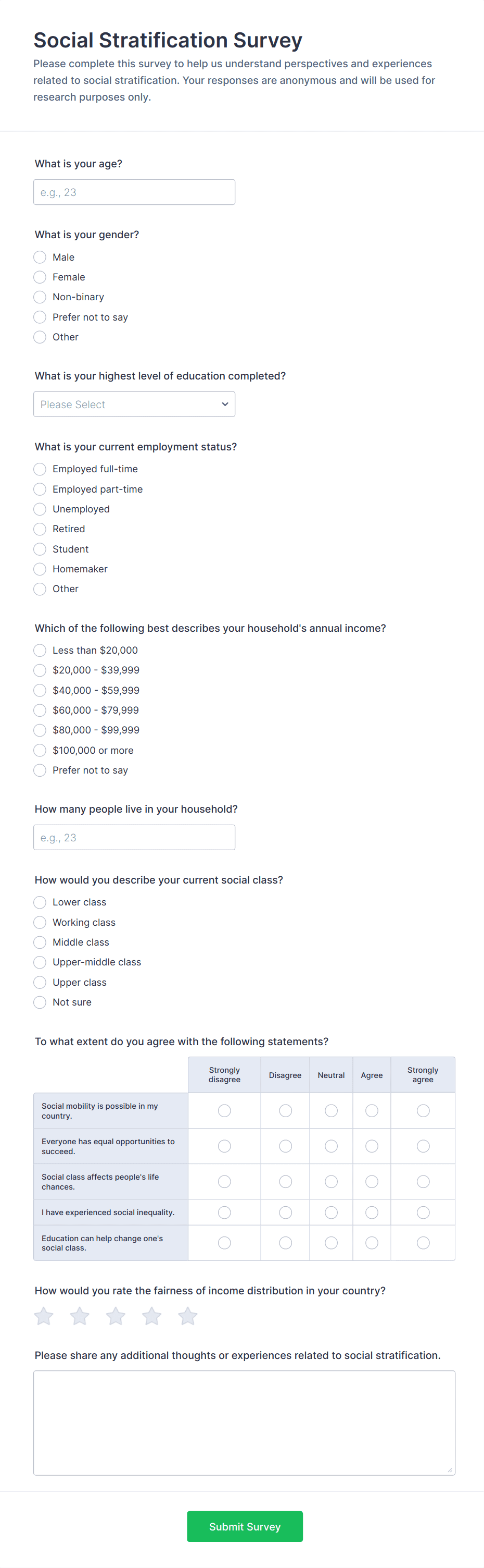 Social Stratification Survey Form Template | Jotform