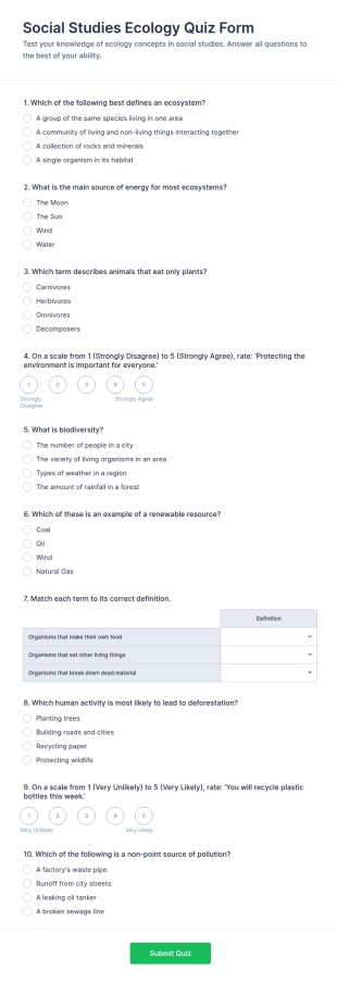 Social Studies Ecology Quiz Form Template