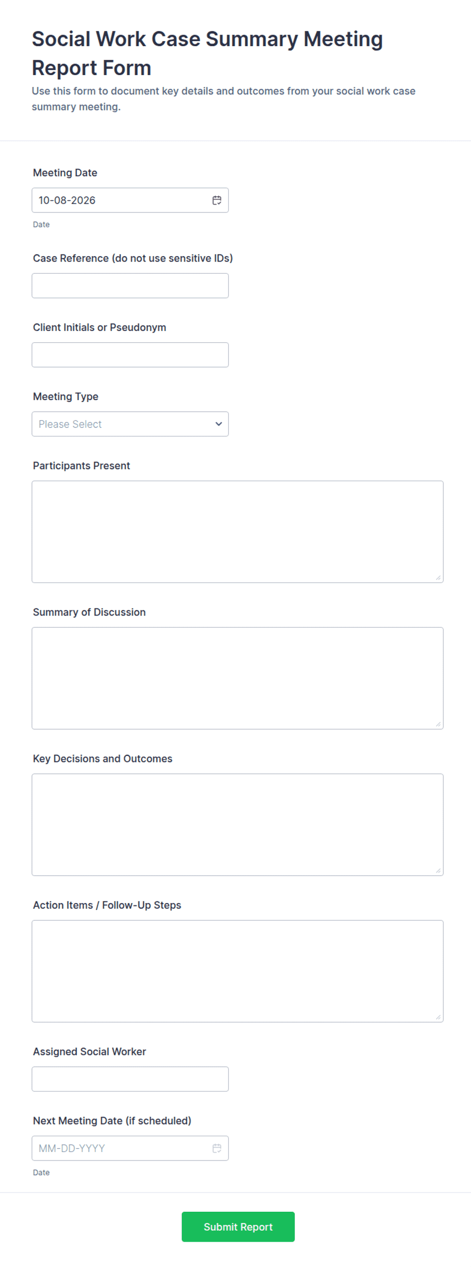Social Work Case Summary Meeting Report Form Template | Jotform