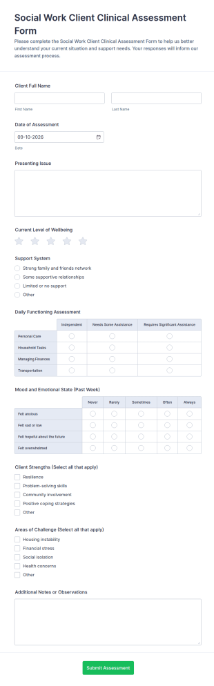 Social Work Client Clinical Assessment Form Template