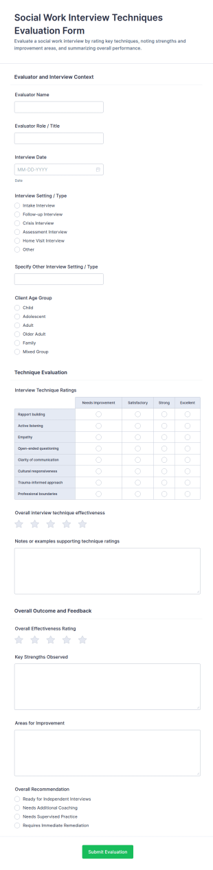 Social Work Interview Techniques Evaluation Form Template