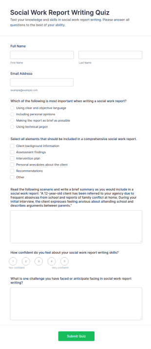 Social Work Report Writing Quiz Form Template