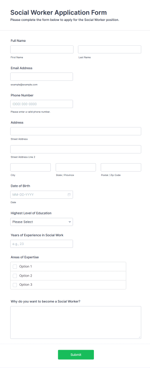Social Worker Application Form Form Template