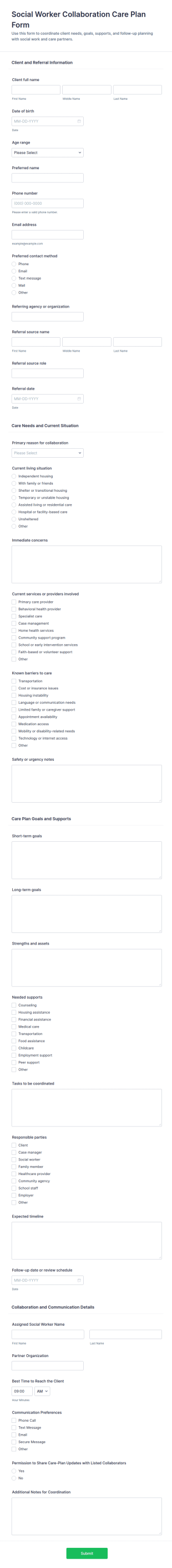 Social Worker Collaboration Care Plan Form Template