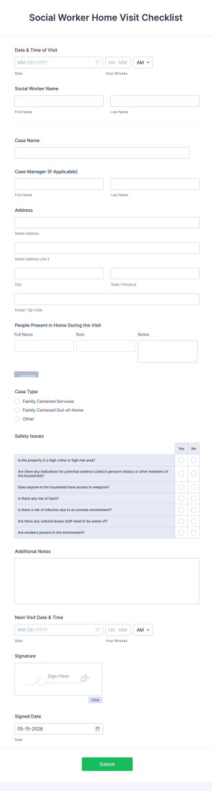 Social Worker Home Visit Checklist Form Template