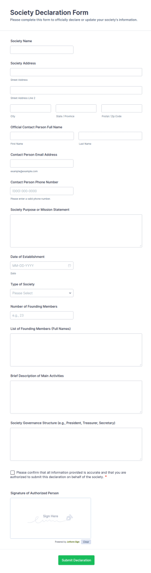 Society Declaration Form Template