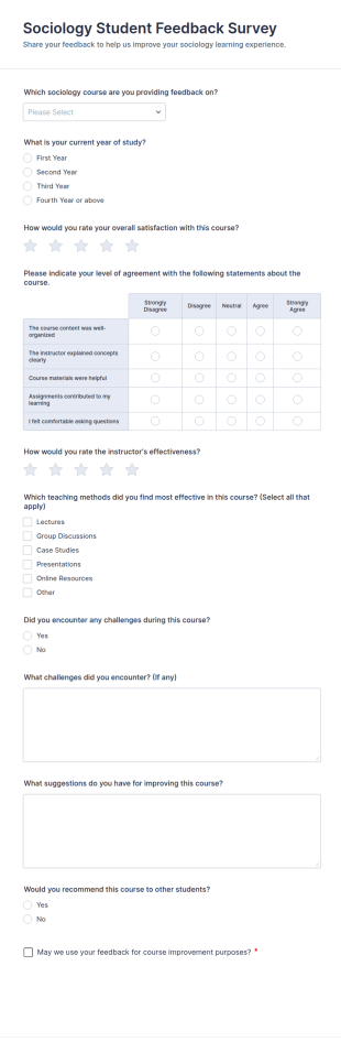 Sociology Student Feedback Survey Form Template