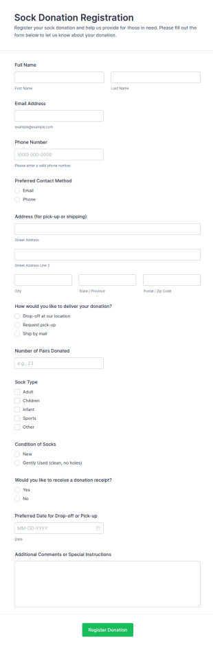 Sock Donation Registration Form Template